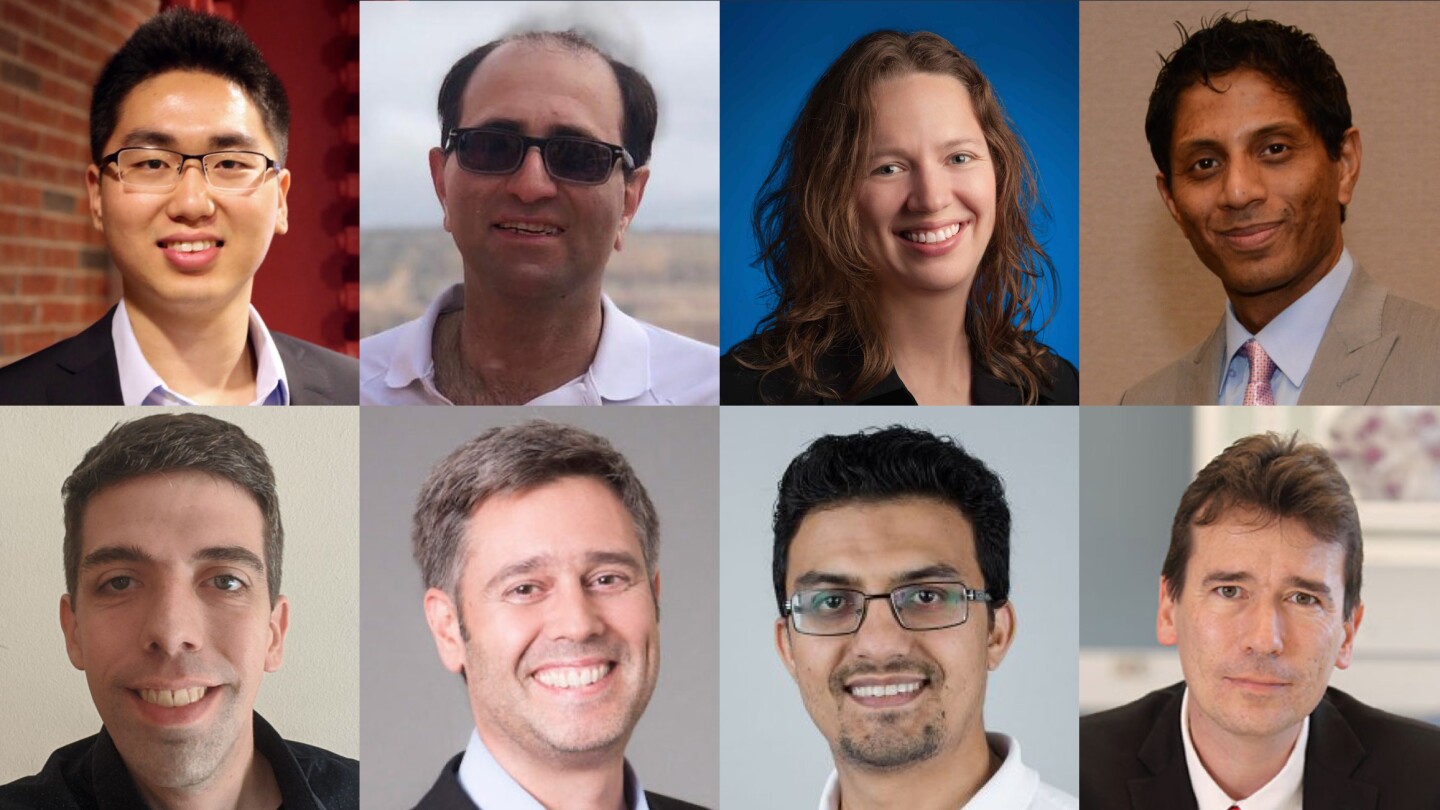 USC professors, (top left to right) Xiang Ren, Mahdi Soltanolkotabi, Aleksandra Korolova, Shrikanth Narayanan, Keith Burghardt, Jose Luis Ambite, Muhammad Naveed, and Paul Thompson. 