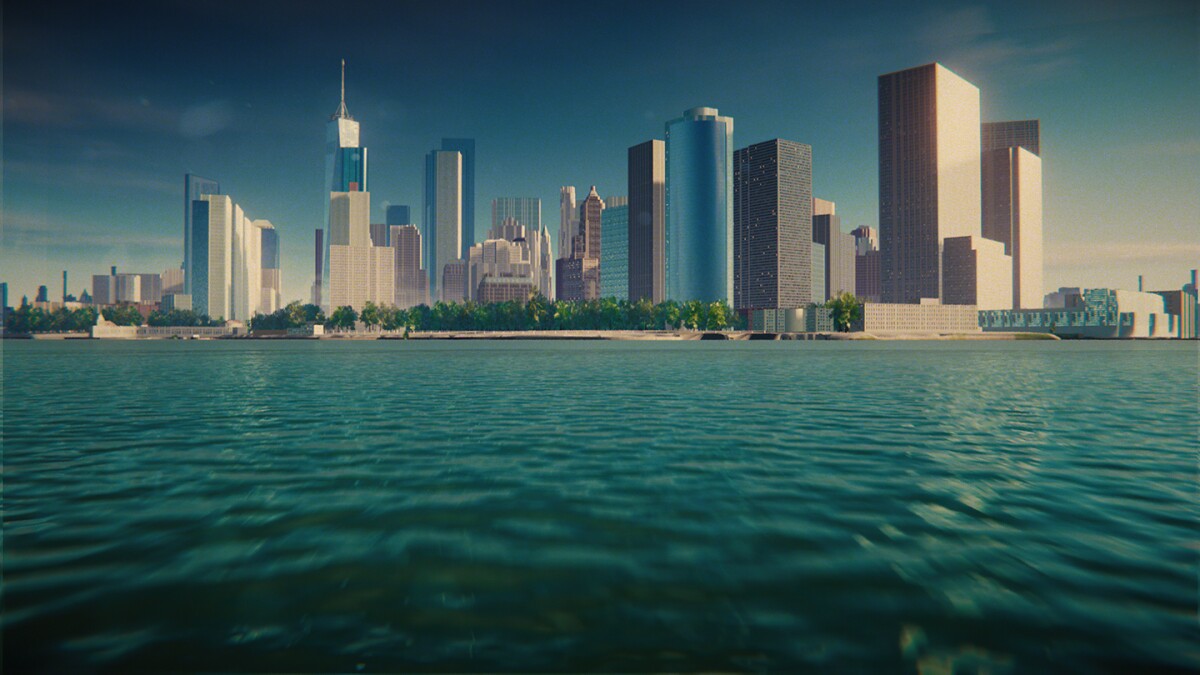 A digitally rendered version of the New York City skyline is seen in this screenshot from Geopipe