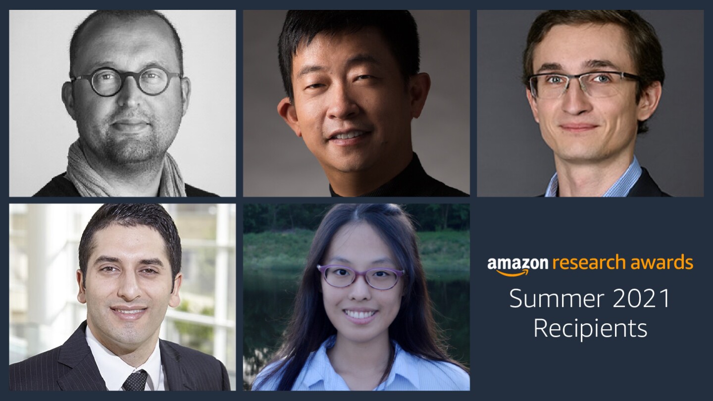 A photo grid shows images of, top row, left to right, Maarten Gijsenberg, Zhu Han, Ilya Morozov, and, bottom row, left to right, Koushyar Rajavi and Yingfei Wang along with the Amazon Research Awards logo