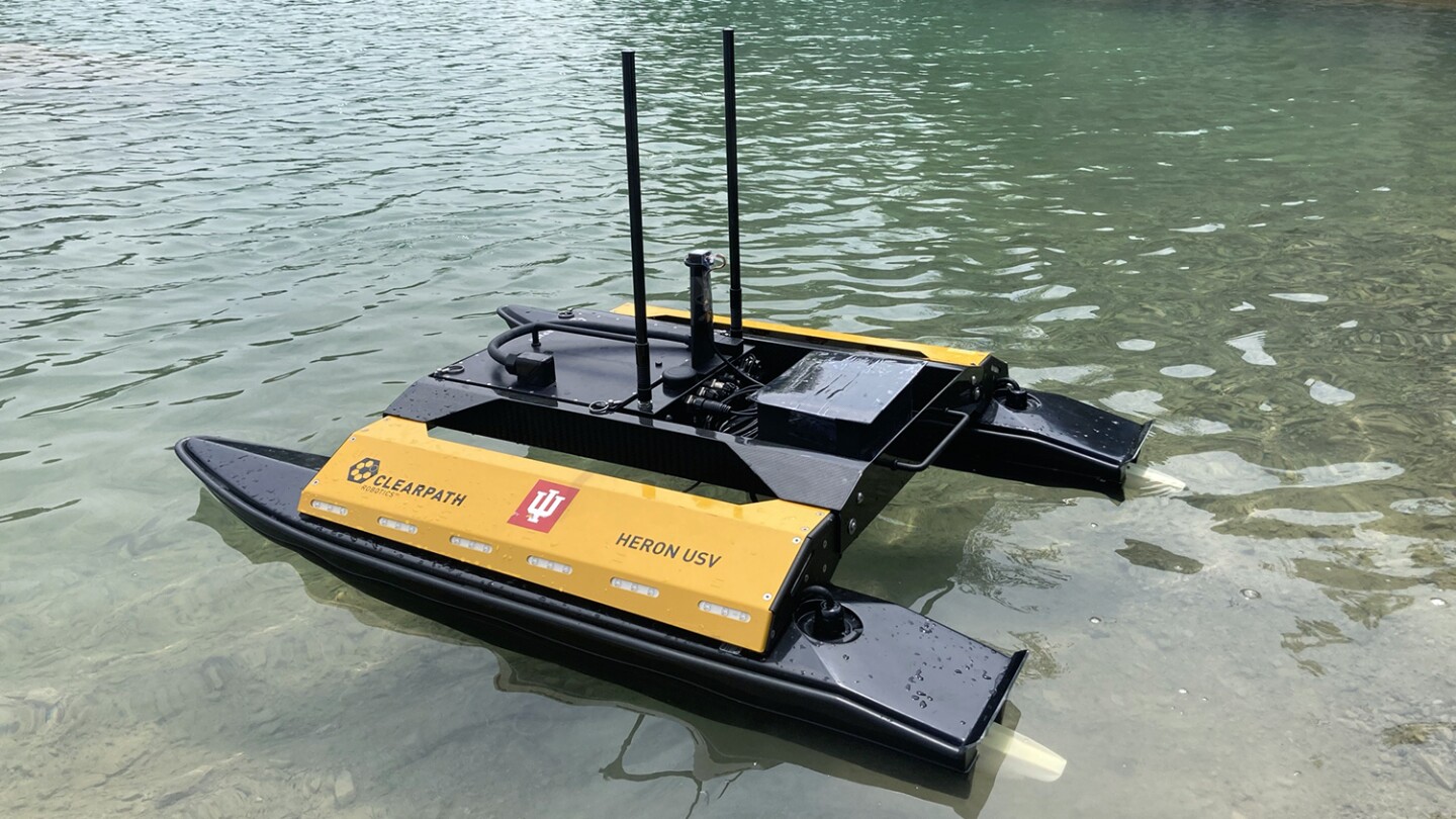 Image shows an autonomous surface vehicle used for bathymetric mapping and water quality monitoring