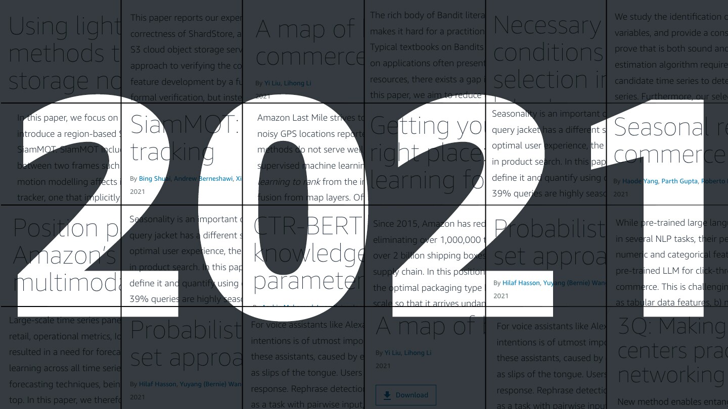 An image grid shows screenshots from the 10 most downloaded Amazon Science publications, the year 2021 can be seen as an overlay