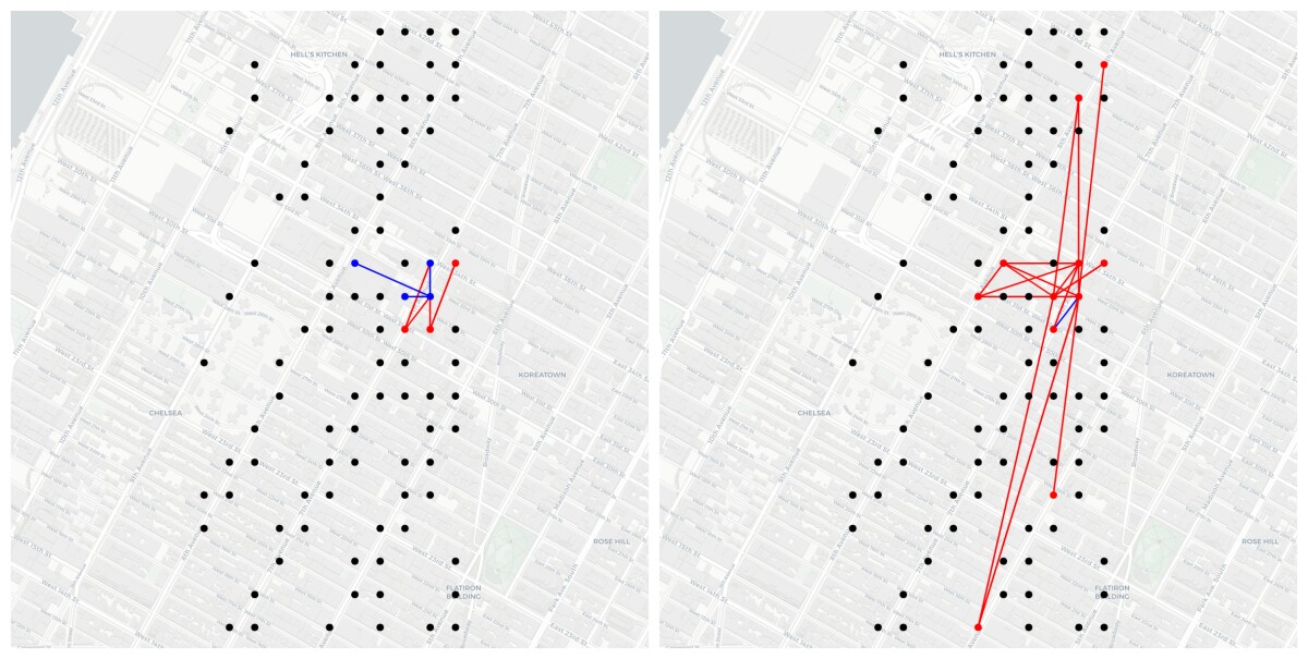 Side-by-side images depict correlations between taxi traffic at different points in Manhattan at different times of day
