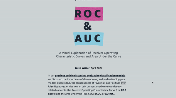 This animation is from an MLU Explains article that explains the Receiver Operating Characteristic Curve (ROC) curve, how it works with a live interactive example, and how it relates to Area Under The Curve (AUC).