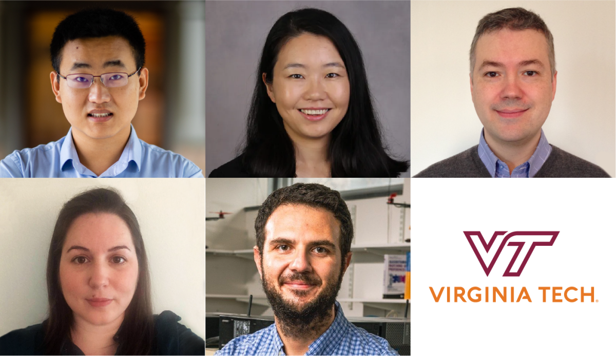 The Virginia Tech faculty research award recipients are, top row, left to right: Peng Gao, assistant professor of computer science; Ruoxi Jia, assistant professor of electrical and computer engineering; and Yalin Sagduyu, research professor in the Intelligent Systems Division; bottom row, left to right, Ismini Lourentzou, assistant professor of computer science; and Walid Saad, professor of electrical and computer engineering.