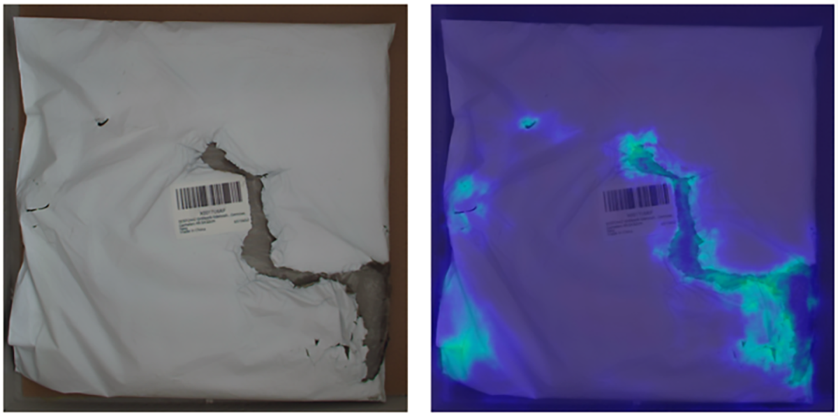 A side by side image shows a perforated white mailer, on the left is a standard image, on the right is the damage as "seen" by Amazon's damage detection models