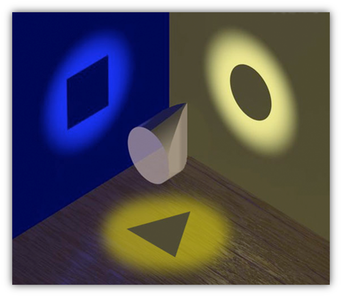 An irregular polyhedron suspended in midair, with shadows projected onto each of three orthogonal surfaces: one shadow is a triangle, one a square, and the third a circle.