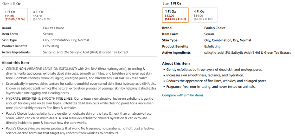 Two versions of the same product page. Lengthy product descriptions in the "about this item" section of the version at left have been condensed in the version at right.