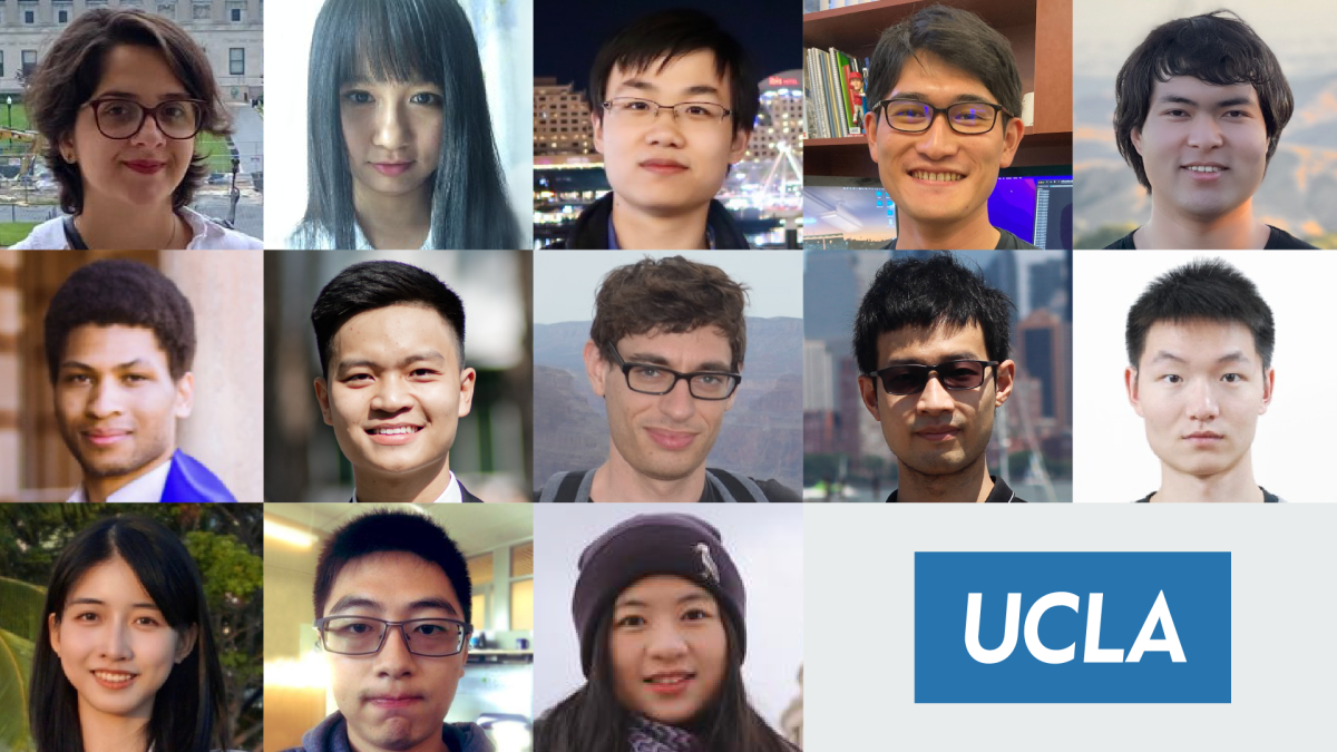 Top row, left to right, Sanae Amani Geshnigani, Kewei Cheng, Zi-Yi Dou, Kai Fukami, and Luzhe Huang; second row, left to right, Alexander Johnson, Tung Nguyen, Alexander Schperberg, and Zhouxing Shi; and bottom row, left to right, Zhaoqiang Wang, Yu Yang, Da Yin, and Zhe Zeng. The UCLA logo is on the bottom right.