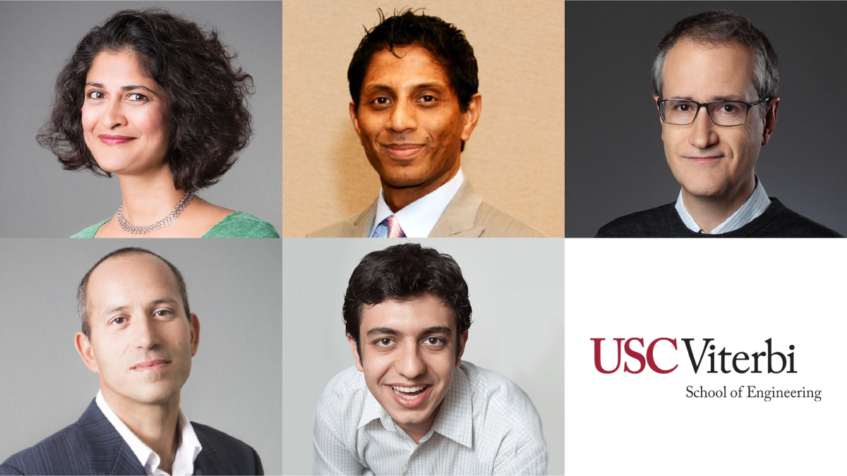 Top row, left to right, Urbashi Mitra, Gordon S. Marshall Chair in Engineering and professor of electrical and computer engineering and computer science; Shrikanth Narayanan, the Niki & C. L. Max Nikias Chair in Engineering and professor of electrical and computer engineering and computer science; Antonio Ortega, professor of electrical and computer engineering; and, bottom row, left to right,  Konstantinos Psounis, professor of electrical and computer engineering and computer science; and Meisam Razaviyayn, assistant professor of industrial and systems engineering, electrical and computer engineering, and computer science; the USC Viterbi logo is on the bottom right