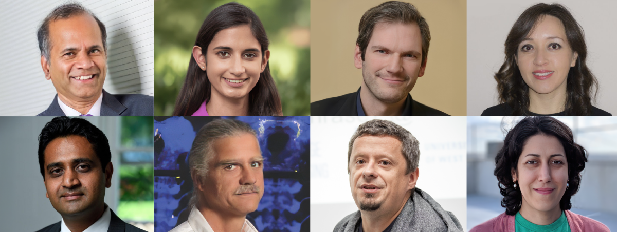 Grid shows JHU faculty research award recipients. Top row, left to right: Rama Chellappa, Anjalie Field, Philipp Koehn, and Leibny Paola Garcia Perera; second row, left to right: Vishal Patel, Carey Priebe, Jan Trmal, and Masha Yarmohammadi.