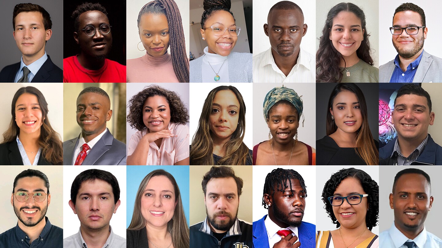 The 2021 SCOT INFORMS Fellows (top row left to right) are: Oscar Aguilar, Omogbolade Ajayi, Margaret Ajuwon, Morgan Brown, Opeyemi Fadipe, Valeria Laynes Fiascunari, Carlos A Morel-Figueroa, (middle row left to right) Mariana Hermosillo Hidalgo, Isaiah Levy, Ebony Liddell, Stephanie Santiago-Montano, Marie Pelagie Elimbi Moudio, Karen Munoz, Joaquin Nieves, (bottom row left to right) Daniel II Ramos Ojeda, Carlos Olivos, Eliana Marcela Pena Tibaduiza, Francisco Valdez, Dajon Wiafe, Karolay Yepes, and Tsegai Yhdego.