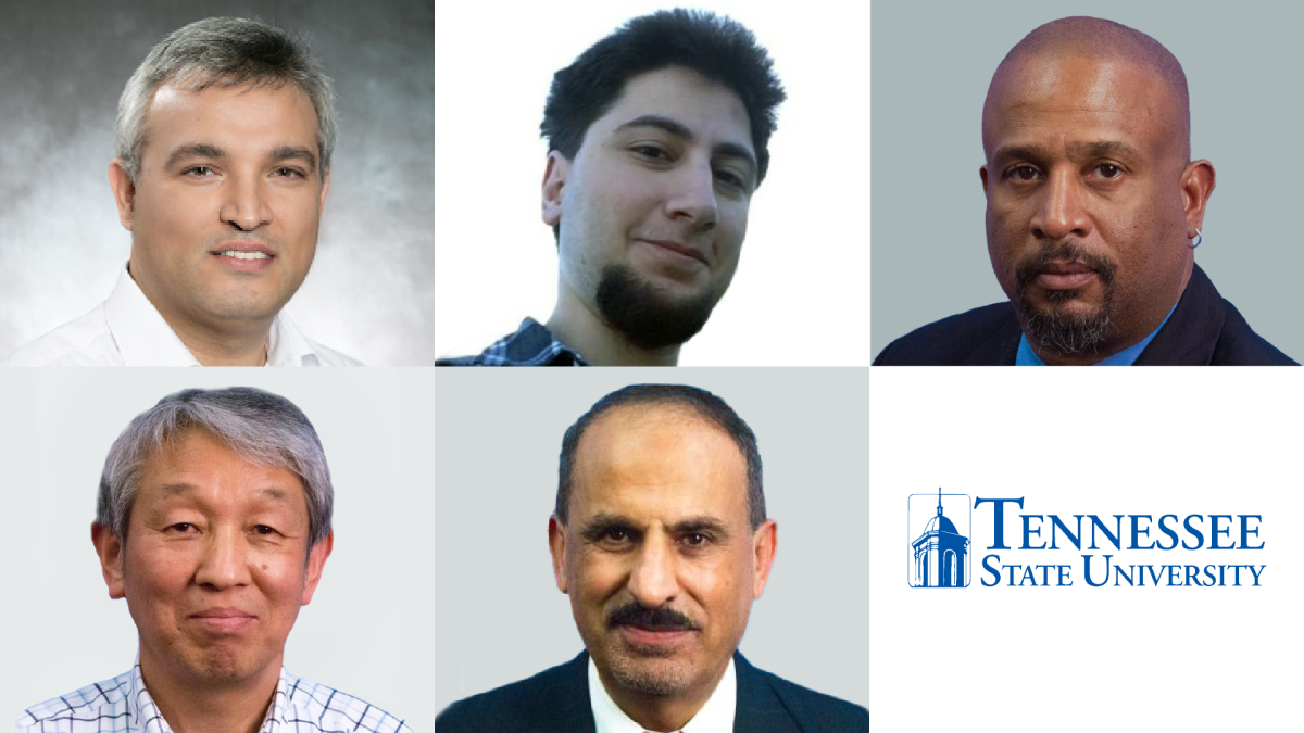 Image grid shows top row, left to right, Ali Sekmen, Chair of Computer Science Department and computer science professor; Bahadir Bilgin, research associate, computer science; Charles D. McCurry, associate professor, electrical and computer engineering; and bottom row, left to right, Saleh Zein-Sabatto, professor, electrical and computer engineering; and Lee Keel, professor, electrical and computer engineering; Saleh Zein-Sabatto, professor, electrical and computer engineering. The TSU logo is seen in the bottom right corner.