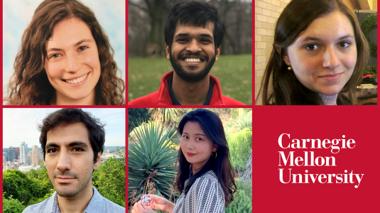 Five Carnegie Mellon students were named Amazon graduate research fellows, they are seen in a grid, clockwise they are Emily Black, Saurabh Garg, Natalia Lombardi de Oliveria, Minji Yoon, and Emre Yolcu. The CMU logo is in the bottom right hand corner.