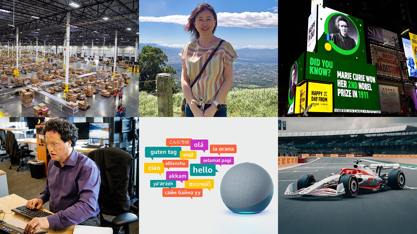 This is an image with six separate photos, one of an Amazon fulfillment center, another of female scientist Belinda Zend, a third of a Pi Day billboard in Times Square with an image of Marie Curie, a fourth with an image of Josh Miele at a computer, a fifth of an Alexa Echo device, and a sixth of a Formula 1 race car.