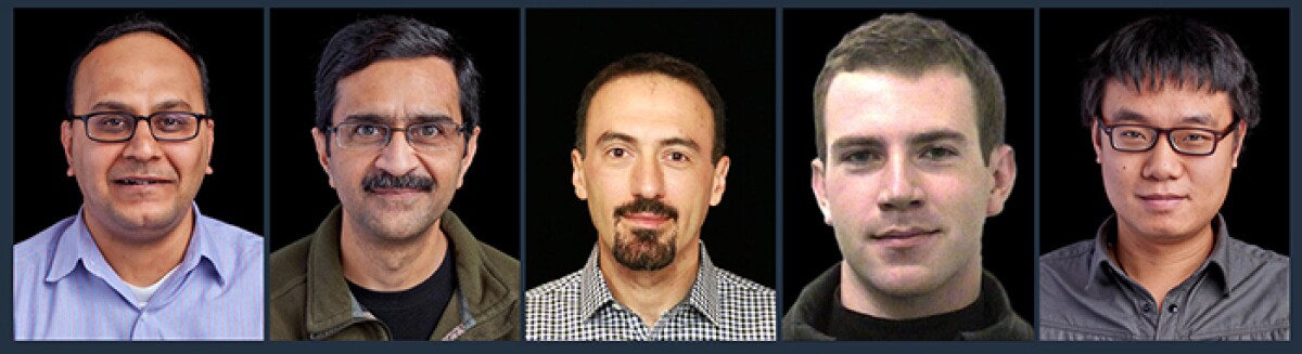 A row of five profile photos shows, left to right, Deepak Bhatia, vice president of Supply Chain Optimization Technologies at Amazon; Salal Humair, senior principal research scientist; Alp Muharremoglu, a senior principal scientist; Jeff Maurer, a vice president; and Yan Xia, principal applied scientist.