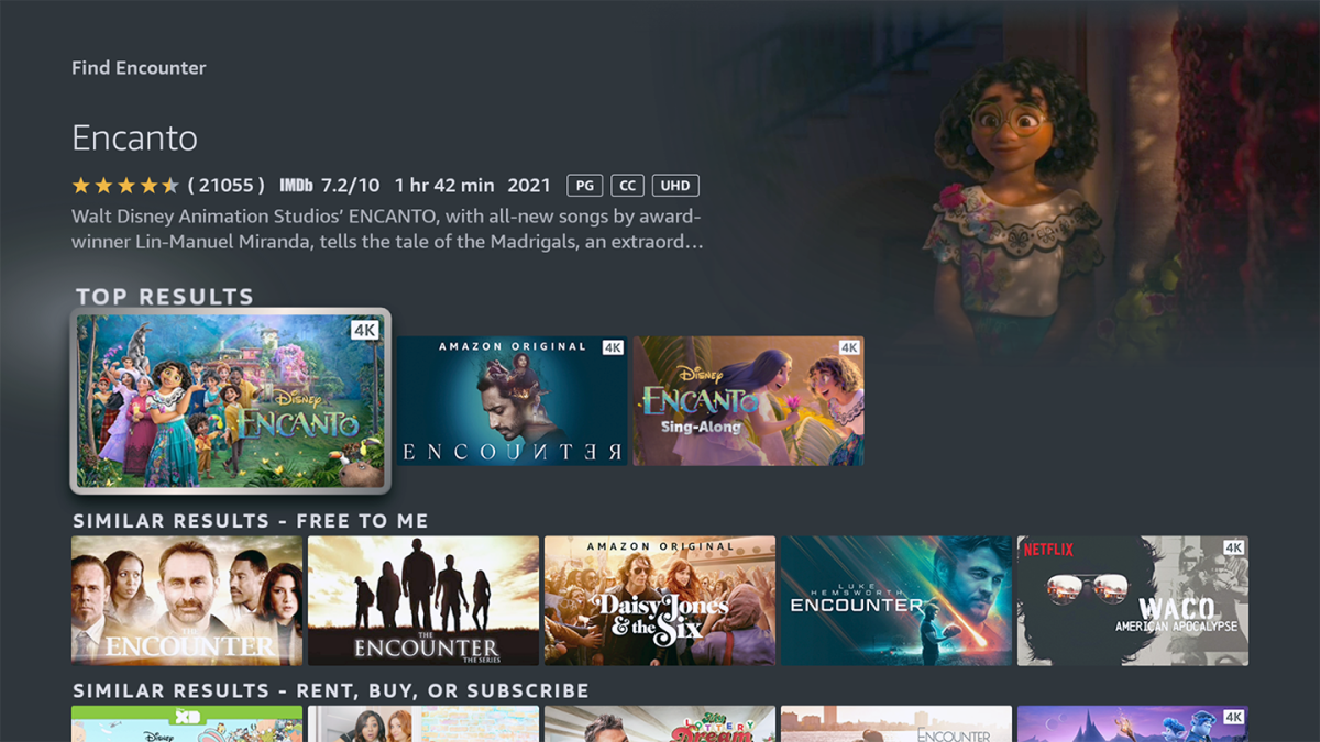Image is a screengrab of a Fire TV screen which includes Encanto and several similar sounding results