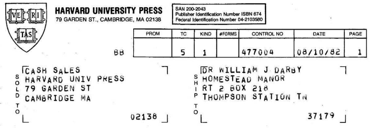 A mailing label from Harvard University Press, with several preprinted, labeled spaces for shipping data, such as "sold to", "ship to", and "date".
