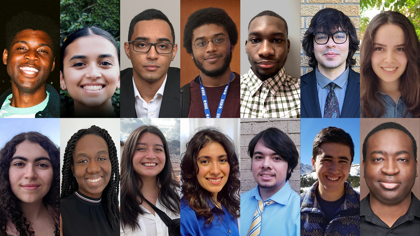 This year's Day One Amazon Robotics Fellows are, top row, left to right: Omoruyi Atheka, Camille Anne Chungyoun, Asbel Fontanez, Zakar Handricken, Abubakarr Jaye, Christopher LeBlanc, and Janeth Meraz; bottom row, left to right: Jessie Mindel, Naana Obeng-Marnu, Kimberly Llajaruna Peralta, Priscila Rubio, Antonio Sanchez, Augustus ‘ Gus’ Teran, and Walter Williams.