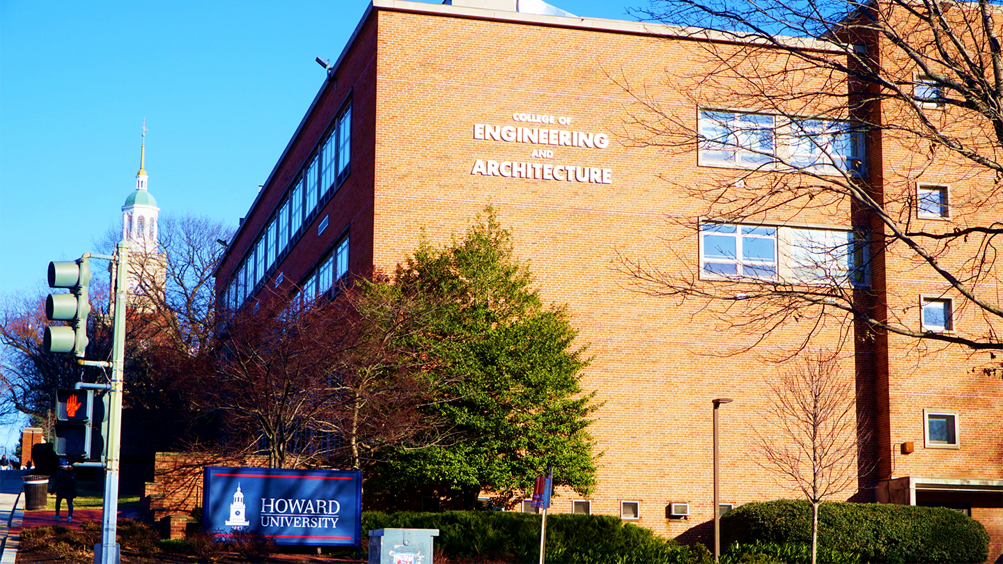 Howard University College of Engineering and Architecture is seen in this image, a Howard University sign is seen in the lower left corner