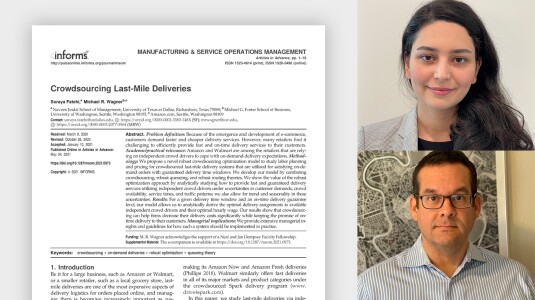 Image, on the left, shows the abstract of "Crowdsourcing Last-Mile Deliveries", a paper co-authored by  Soraya Fatehi, whose image is top right, and Michael Wagner, whose image is bottom right