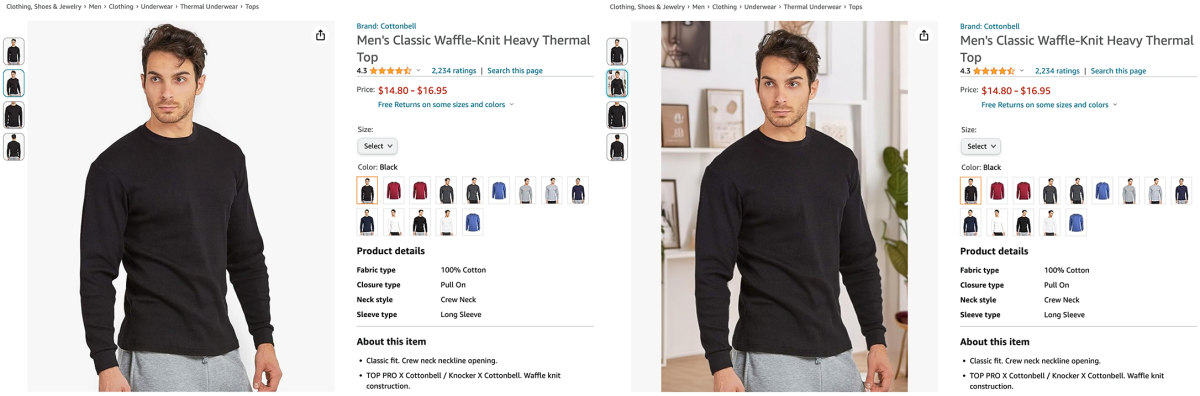 Two versions of the same product page, for a thermal-underwear shirt. At left, the shirt model is standing in front of a white background; at right, a background including shelves holding art and a potted plant have been added by a generative-AI model.