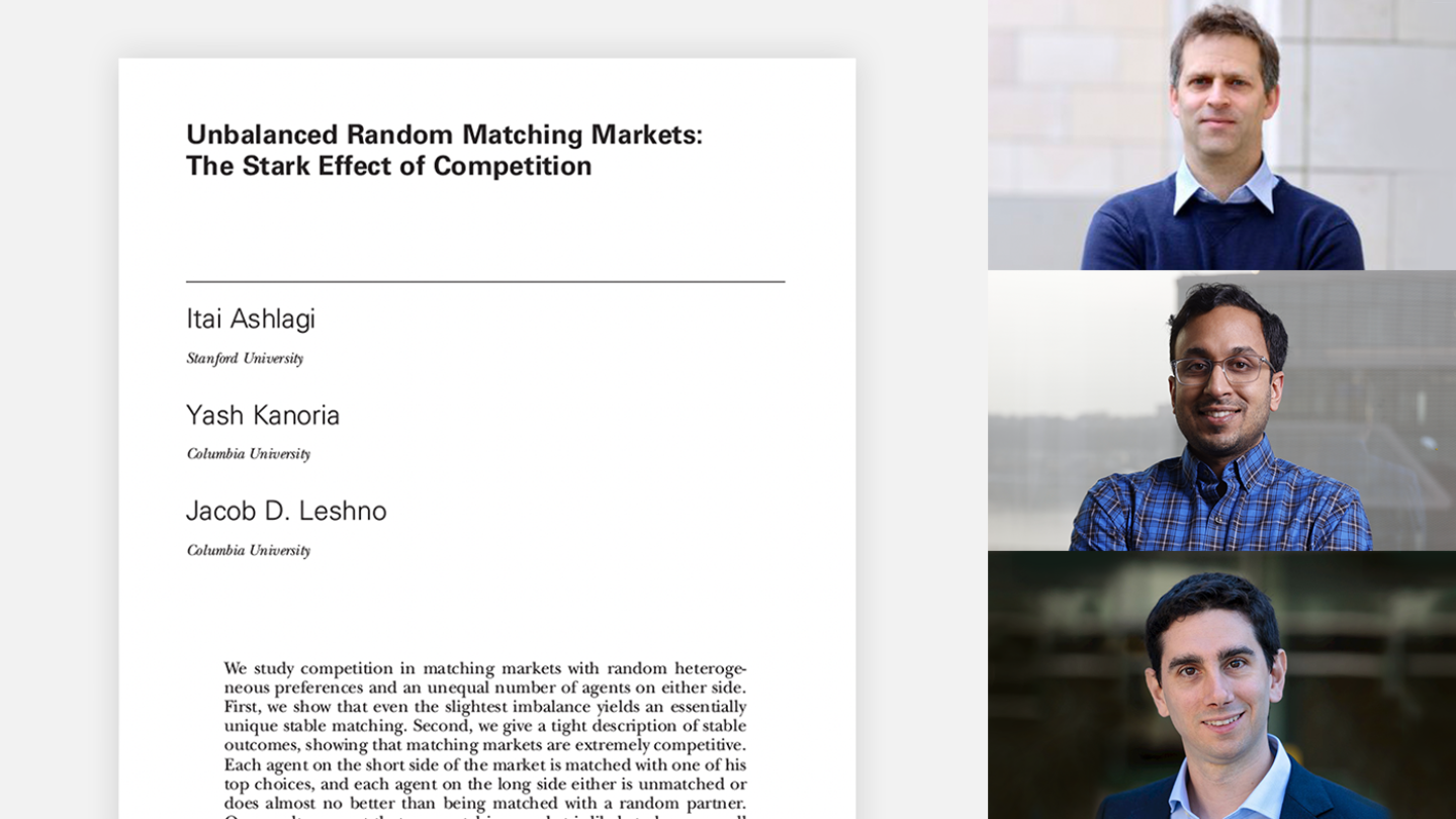 Image shows the abstract page from the paper “Unbalanced random matching markets" on the left and Itai Ashlagi, top row; Yash Kanoria, middle row; and Jacob Leshno, bottom row, on the right.