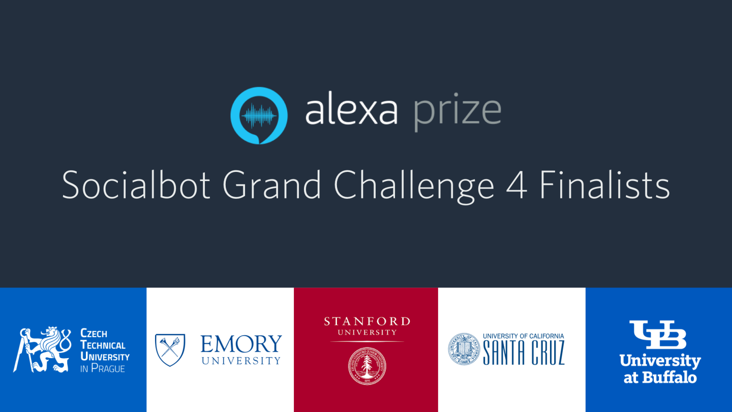 Graphic has Alexa Prize Socialbot Grand Challenge 4 finalists text atop the logos of the finalists: Czech Technical University, Emory University, Stanford University, University of California Santa Cruz, and University of Buffalo