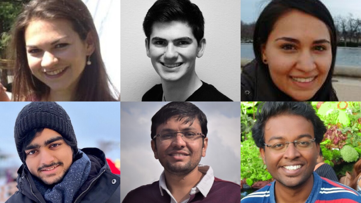Top row, left to right, Kelly Marchisio, Arya McCarthy, and Carolina Pacheco Oñate; and bottom row, left to right, Desh Raj, Anshul Shah, and Jeya Maria Jose Valanarasu