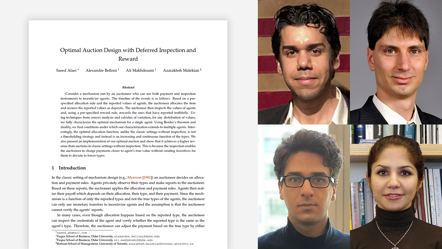 Image shows the abstract page from a paper titled "Optimal Auction Design with Deferred Inspection and Reward" on the left; the authors — Saeed Alaei (top left), Alexandre Belloni (top right), Ali Makhdoumi (bottom left), and Azarakhsh Malekian (bottom right) are shown in a two-by-two grid on the right