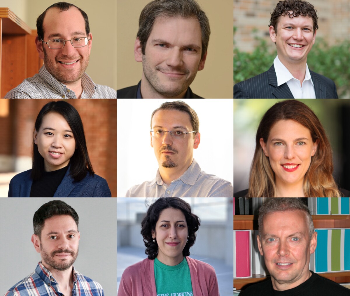 A photo collage with Mark Dredze, Philipp Koehn, and Kenton Murray; second row, Anqi Liu, Jesus Antonio Villalba López, and Soledad Villar; bottom row, Laureano Moro-Velazquez, Mahsa Yarmohammadi, and Alan Yuille