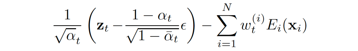 The equation for the posterior mean includes a noisy data representation (z sub t), modified by constant factors, from which is subtracted t weighted sum of the encodings of input data of different modalities (E sub i of x sub i).