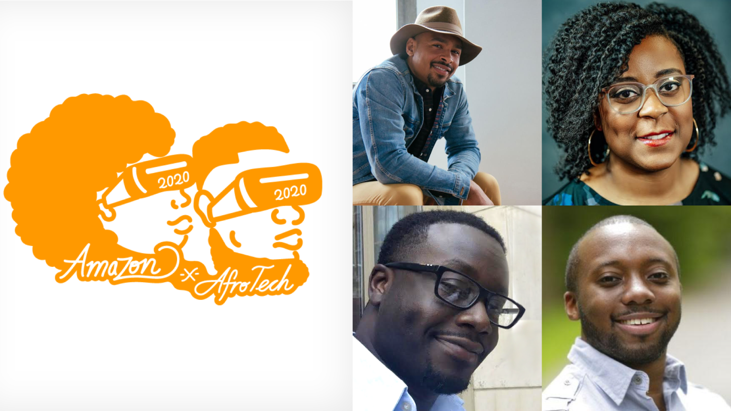 AfroTech logo and headshots of  Dela Agbemabiese, Justin Barry, Nashlie Sephus and Colby Wise.