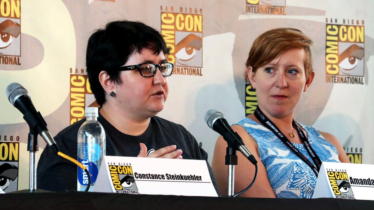 Amanda Cullen, left, is seen speaking at 2017 San Diego Comic Con panel. To her right is Dr. Bo Ruberg.