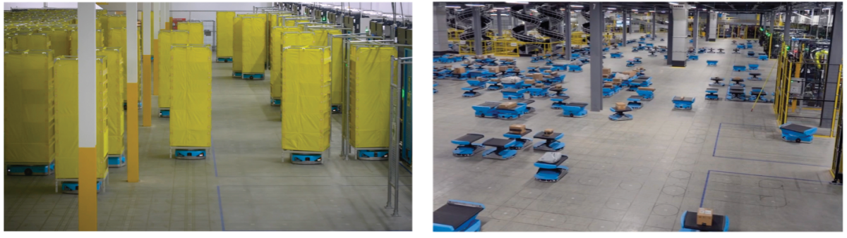 Robots laden with storage pods at a fulfillment center (left) and with packages at a sortation center (right).