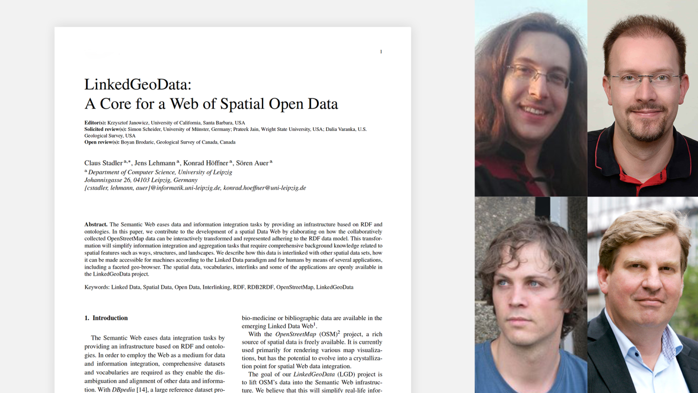 Amazon principal applied scientist Jens Lehmann, top right, received the Semantic Web journal 10-year award for “LinkedGeoData: A Core for a Web of Spatial Open Data” -- the paper's abstract is seen on the left. Lehmann’s coauthors are Claus Stadler, top left, a researcher at the Institute for Applied Informatics at the University of Leipzig; Konrad Höffner, bottom left, a researcher at the Institute for Medical Informatics, Statistics and Epidemiology; and Sören Auer, bottom right, director of Leibniz Information Centre for Science and Technology and professor at Leibniz University Hannover.