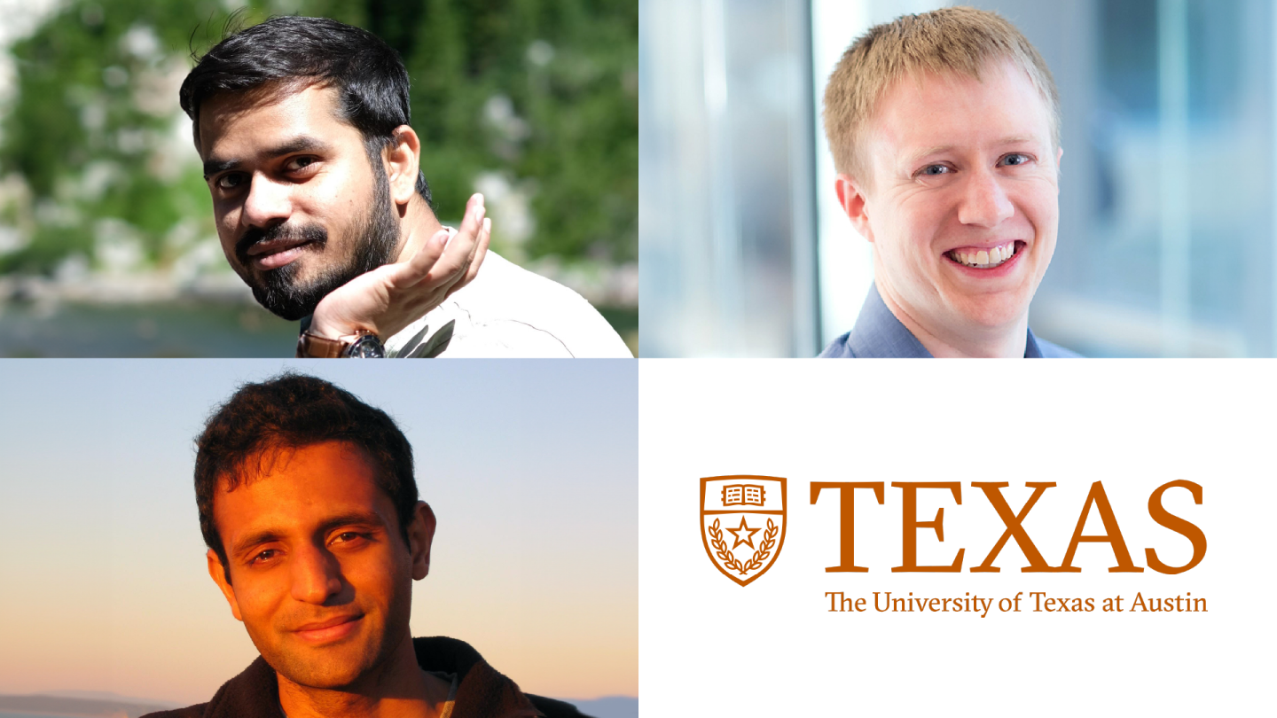 Ajay Jaiswal, top row left; Greg Durrett, top row right; and Sujay Sanghav, bottom row are UT Austin-Amazon Science Hub award and fellowship recipients; the UT Austin logo is seen on the bottom right