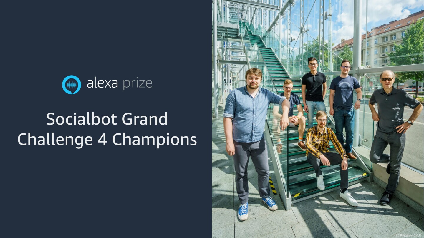 On the left is the logo for the Alexa Prize Socialbot Grand Challenge 4. On the right is a group photo of Team Alquist from Czech Technical University which won the Alexa Prize SocialBot Grand Challenge 4 competition.