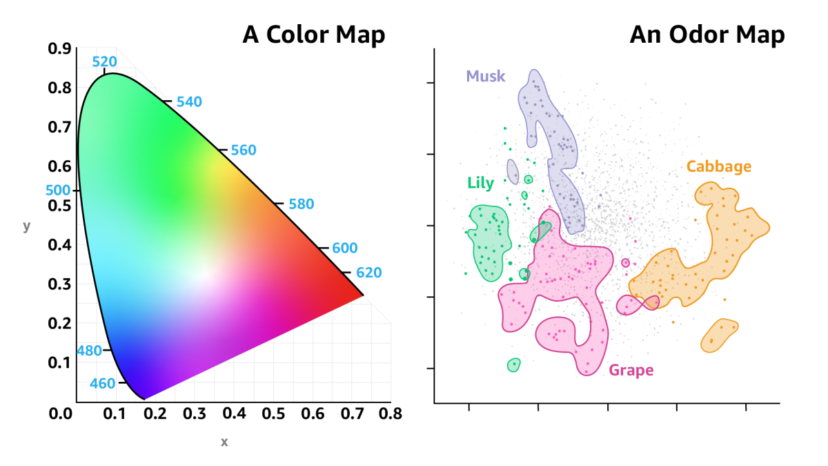 On the left is a color map (the CIE 1931 color space chromaticity diagram), similar colors lie near each other. On the right is Osmo’s Principal Odor Map, individual molecules (grey points) are found nearer to each other if they are predicted to smell similar.