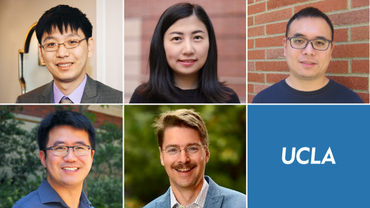 Top row, left to right, Kai-Wei Chang, associate professor; Nanyun (Violet) Peng, assistant professor, department of computer science; and Cho-Jui Hsieh, associate professor, department of computer science. Bottom row, left to right, Chenfanfu Jiang, associate professor, department of mathematics and Jens Palsberg, professor, department of computer science. The last square in the grid shows the UCLA logo.