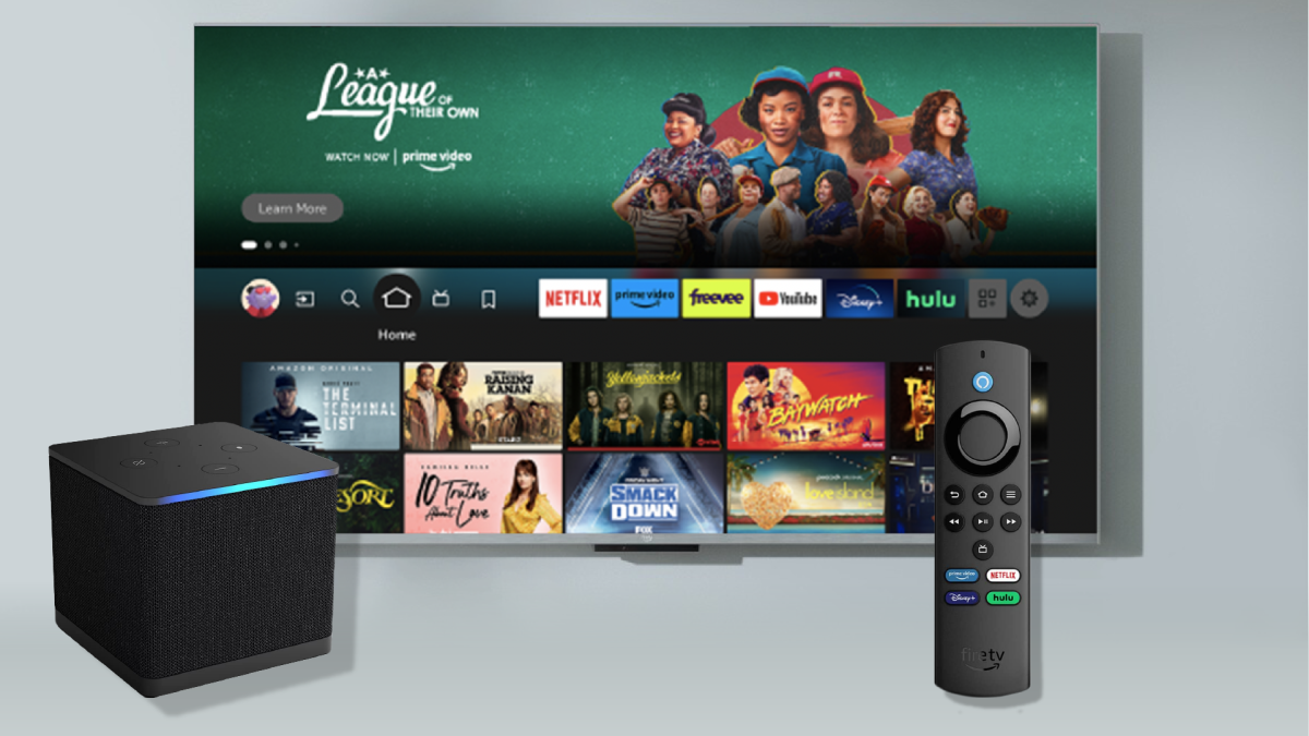 Image shows the new Fire TV Cube, left, the Fire TV Omni QLED Series, middle, and the Alexa Voice Remote Pro, right