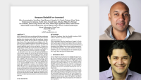 Amazon Redshift re-invented research paper and photos of Rahul Pathak, vice president of analytics at AWS, and Ippokratis Pandis, AWS senior principal engineer