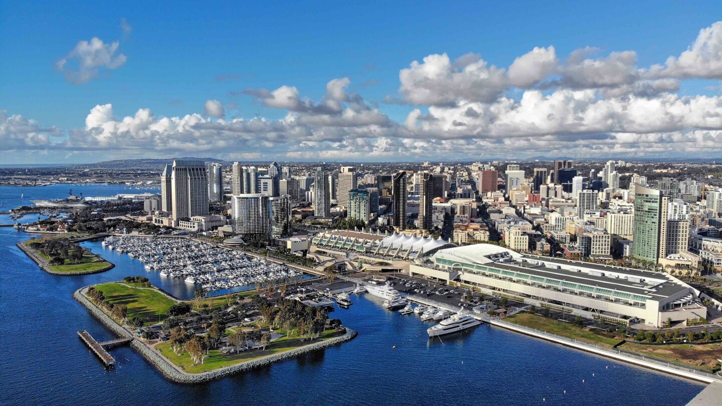 Aerial photo of the San Diego waterfront on an overcast day