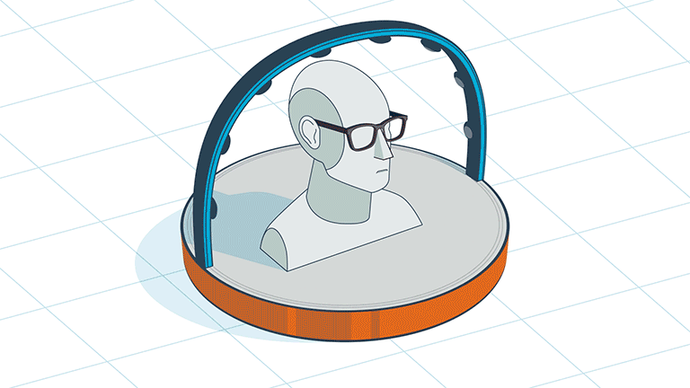 The Echo Frame team used a rotating arch of microphones to lest leakage. This animation shows the array moving in circles around a mannequin wearing the Gen 3 prototype, creating a 3D sphere plot of audio leakage. Via this testing, the team was able to minimize leakage to the side and back.