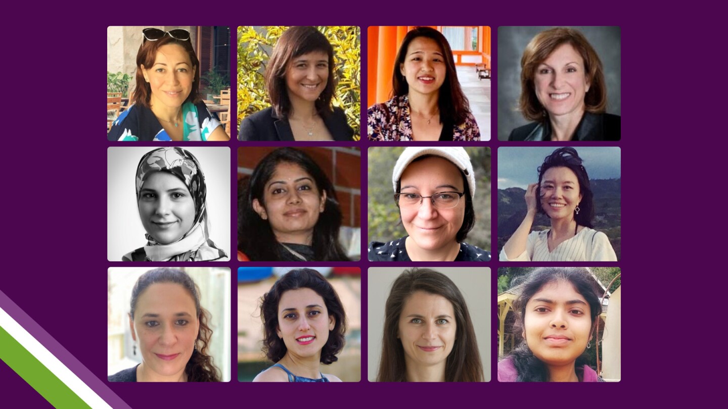 A grid of 12 women scientists who were asked what three steps we can take as a society to forge a more gender-equal science community