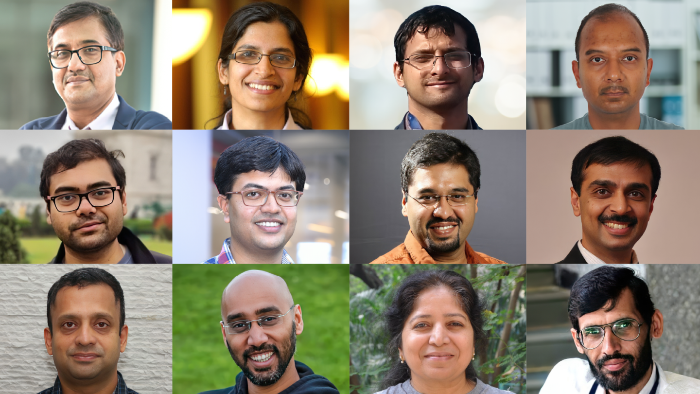 Grid shows the inaugural award recipients of the Amazon IIT–Bombay AI-ML Initiative. Top row, left to right, Pushpak Bhattacharyya, professor of computer science and engineering; Preethi Jyothi, associate professor of computer science and engineering; Abir De, assistant professor of computer science and engineering; and Soumen Chakrabarti, professor of computer science and engineering. Second row, left to right, Avishek Ghosh, assistant professor of computer science and engineering; Swaprava Nath, assistant professor of computer science and engineering; Ankur A. Kulkarni, Kelkar Family Chair associate professor of systems control and engineering; and Ajit Rajwade, associate professor of computer science and engineering; third row, left to right, Ganesh Ramakrishnan, Institute Chair Professor, computer science and engineering; Kshitij Jadhav, assistant professor Koita Centre for Digital Health; Sunita Sarawagi, professor, Center for Machine Intelligence and Data Science; and Virendra Singh, professor of computer science and electrical engineering.