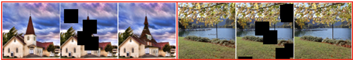 Two sets of three images each, including a source image, the same image with several black squares of fixed size randomly superimposed upon it, and the model's reconstruction of the complete image.