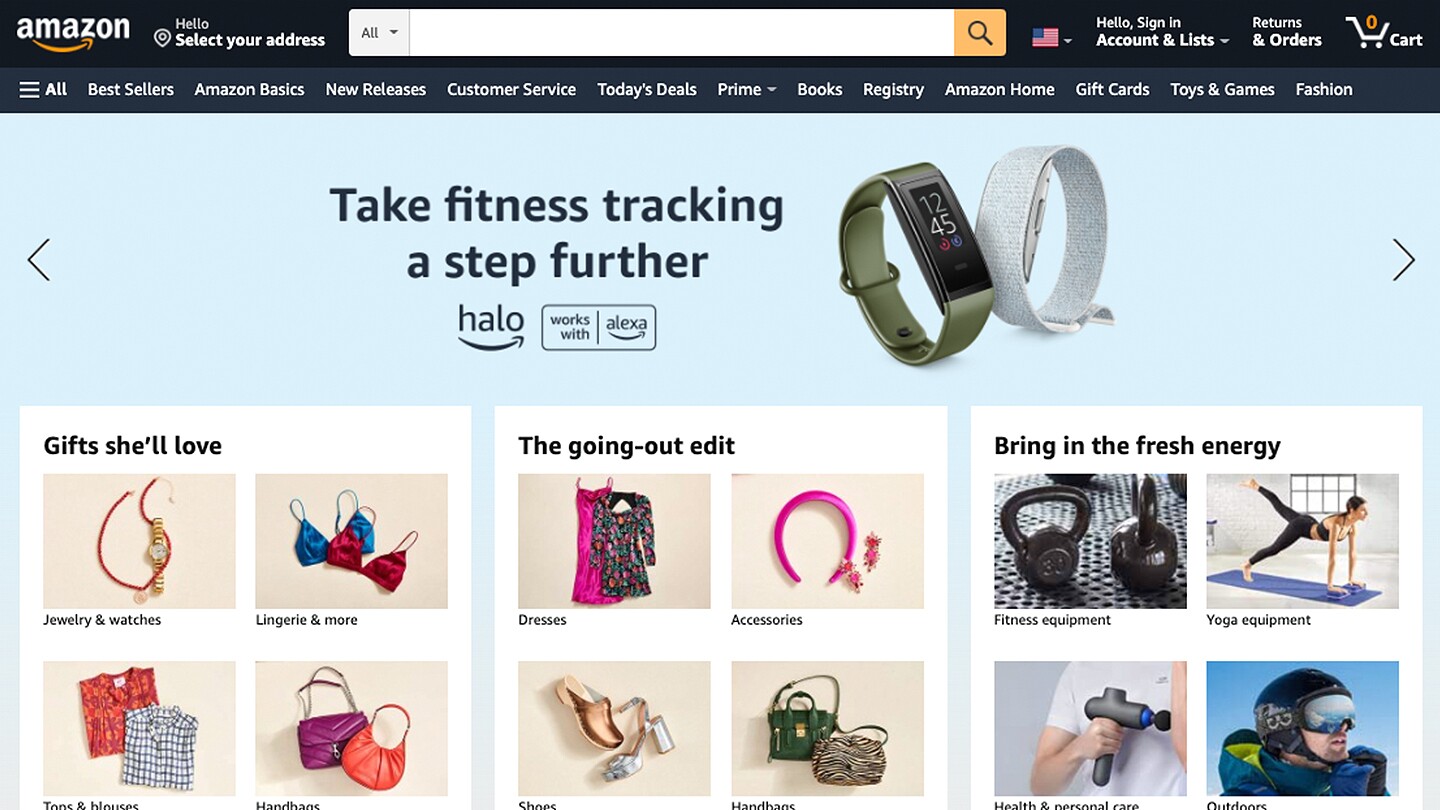 This screenshot shows the top third of the Amazon.com homepage as of Jan. 19, 2022