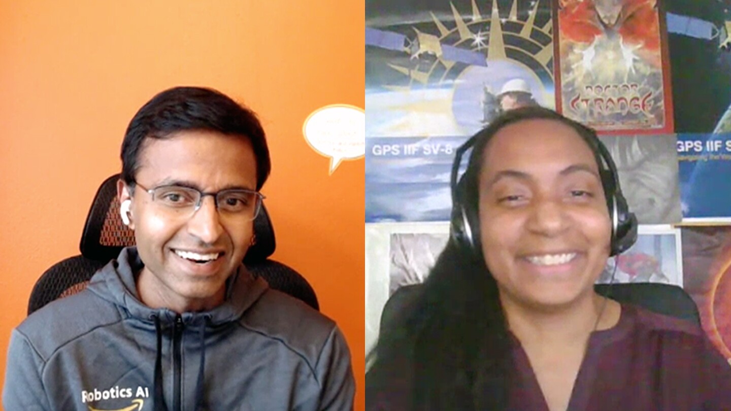 A split screen screengrab from a video interview shows Siddhartha Srinivasa, left, director of Amazon Robotics AI, and Nia Jetter, Amazon Robotics AI senior principal technologist, right