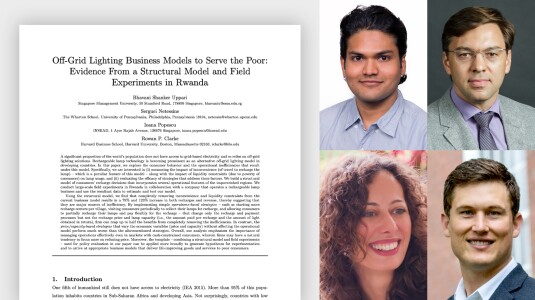 Bhavani Shanker Uppari, top left, assistant professor of operations management at Singapore Management University; Serguei Netessine, top right, an Amazon Scholar and senior vice dean at the University of Pennsylvania’s Wharton School; Ioana Popescu, bottom left, professor of decision sciences at INSEAD; and Rowan Clarke, a PhD candidate at Harvard, recently won the Public Sector Operations Research Best Paper Award for “Off-Grid Lighting Business Models to Serve the Poor: Evidence From a Structural Model and Field Experiments in Rwanda.” The paper's abstract page is seen to the left of the photo grid.