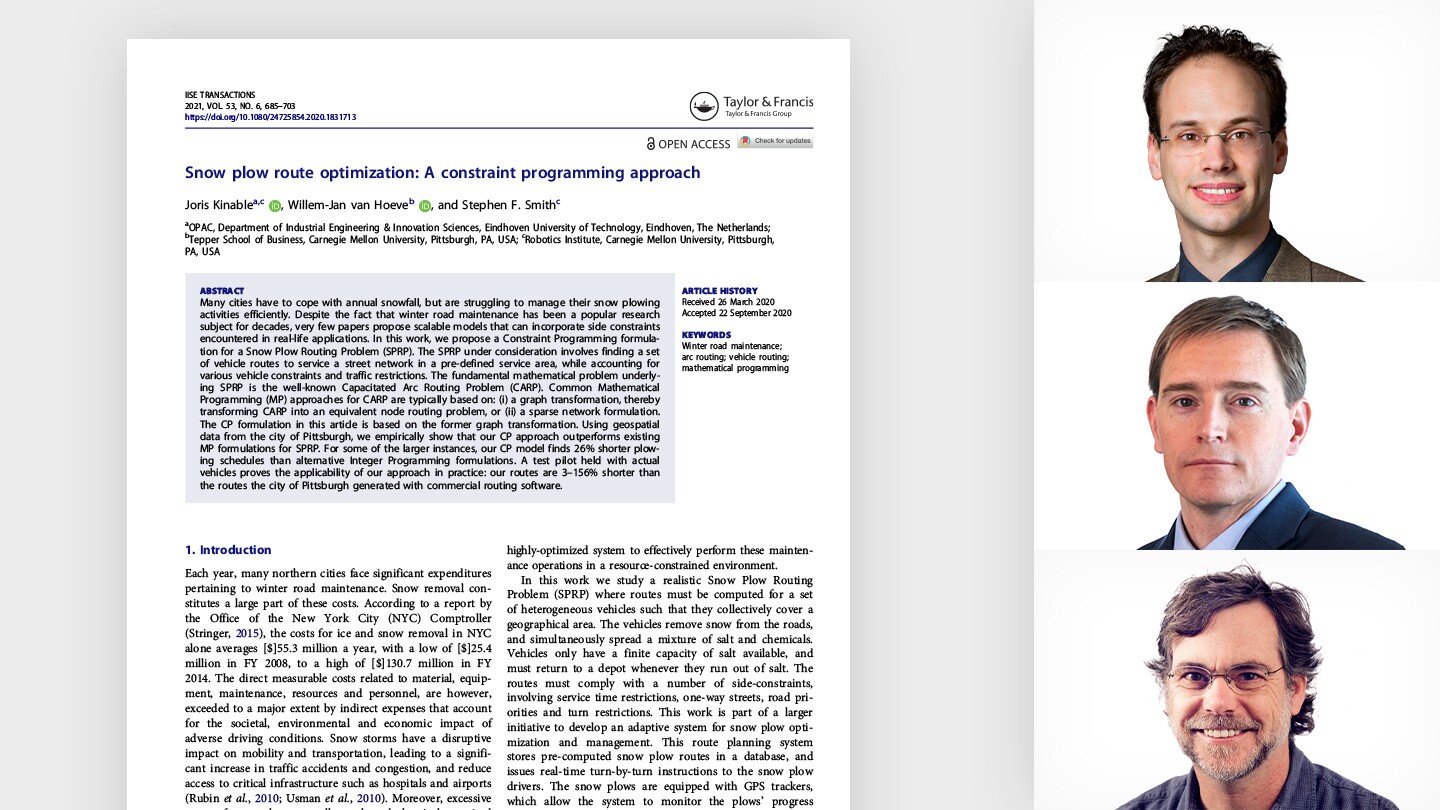 From top to bottom on the right: Joris Kinable, Amazon senior research scientist; Willem-Jan van Hoeve, operations research professor at Carnegie Mellon University (CMU); and Stephen F. Smith, a CMU robotics research professor; on the left is a portion of the abstract page for “Snow Plow Route Optimization: A Constraint Programming Approach".